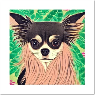 Tropical Cute Long Haired Chihuahua Dog Puppy Posters and Art